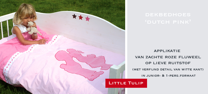 Dutch Pink  lief beddengoed voor kinderen Soepel overtrek van hoge kwaliteit katoen in roze ruit & uni roze. Met zachte grote applikatie van roze fluweel.