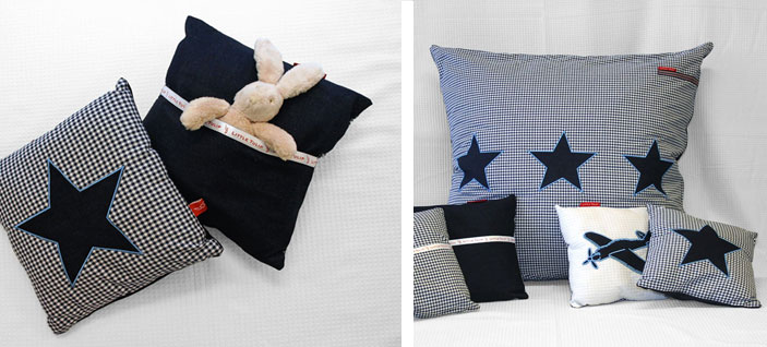 stoere sterren in de kinderen Kussentje in klassieke blauwe ruit met applikatie van stoere ster in jeans. Een mooi en handig accessoire voor elke kinderkamer. Met opbergvakje voor de favoriete knuffel.