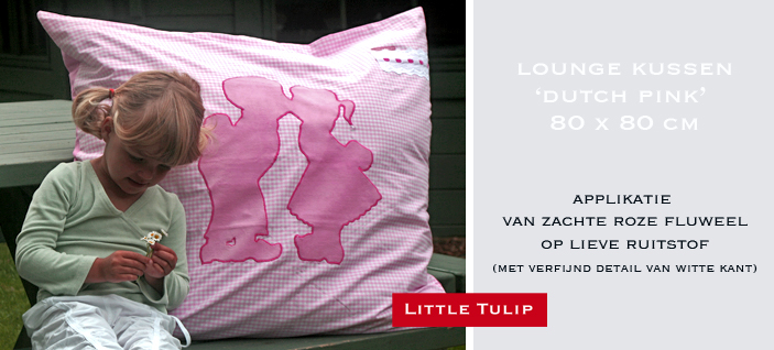 Dutch Pink roze kussens voor de kinderkamer Dit fijne XL kussen uit de ‘Dutch’ collectie van Little Tulip is Dutch design met een ‘roze twist’ Voorzijde is van mooie roze ruitstof en heeft een zachte applikatie van velours en mooie details in wit kant. Afritsbare, wasbare hoes. Stevig binnenkussen met katoenen tijk los verkrijgbaar.