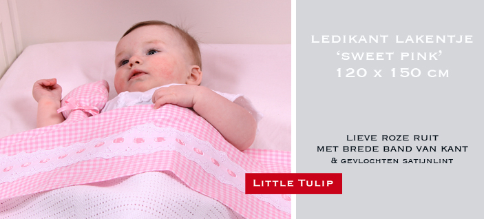 katoenen babylaken Sweet Pink Lieve roze ruit met mooie witte band van kant & gevlochten satijnlint. 